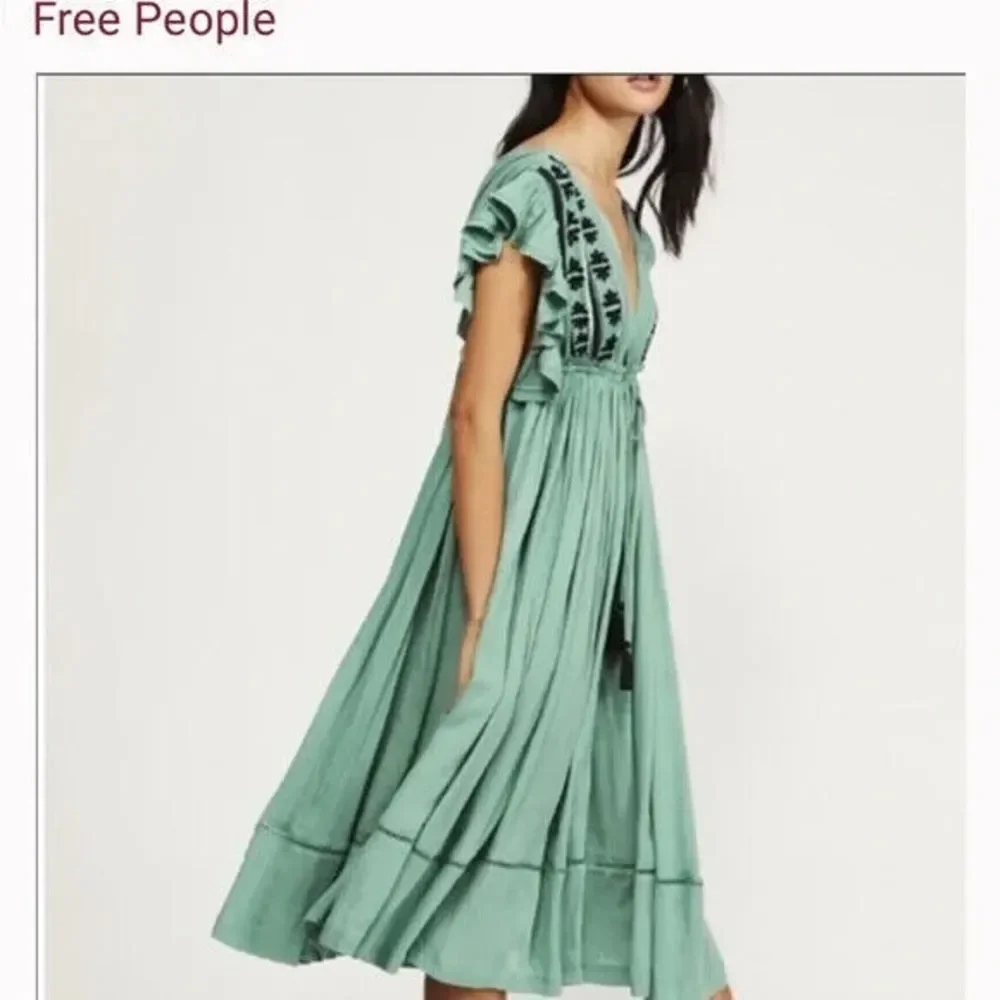 Free People Women's Turquoise Will Wait For You V-Neck Midi A-Line Dress Size L - Picture 1 of 8